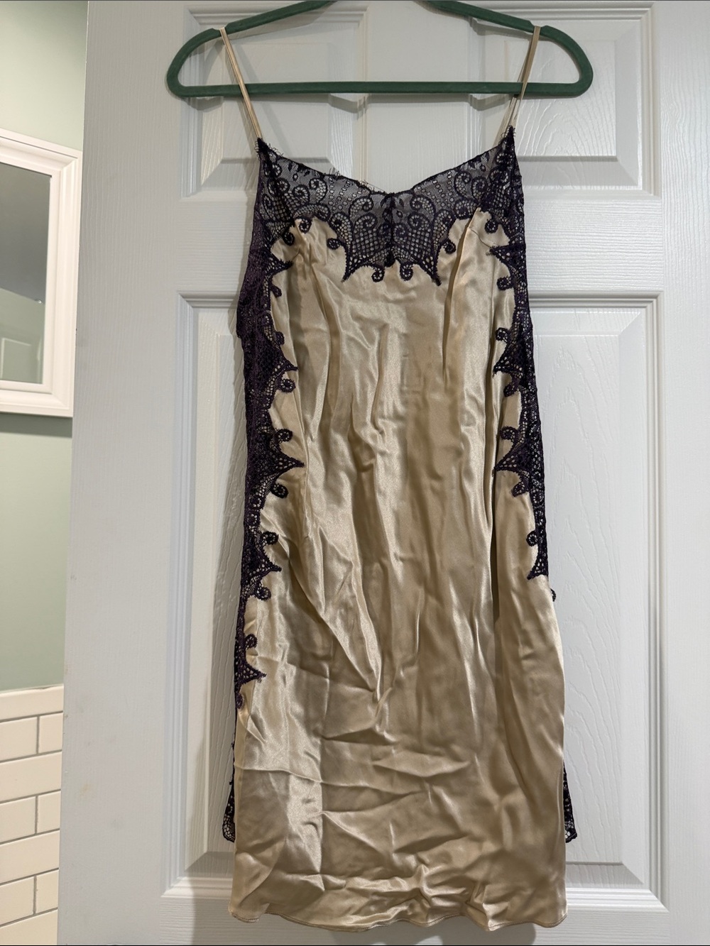 Silk Champagne Slip Dress with Plum Color Lace Accents